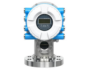 Industrial radar level transmitter with digital display mounted on a stainless steel flange