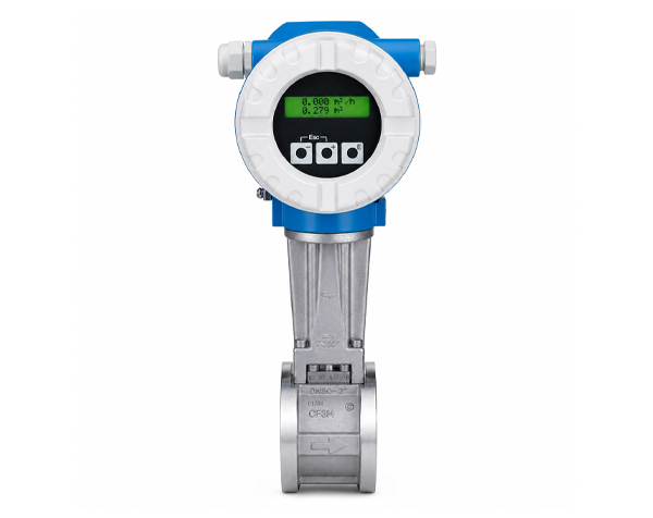 Prowirl_72W — DERAAK Inline flow meter with round white display housing, blue body, and stainless-steel sensor; screen shows flow rate and total volume.