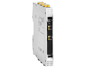 Industrial control module with multiple terminal blocks and front-panel channel labels (Ch1.1–Ch6.2) in a grey enclosure.