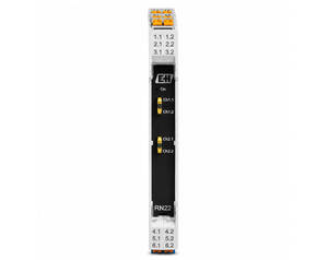 DIN rail-mounted 4-channel relay module with status LEDs and top/bottom terminal blocks.