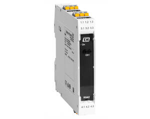 DIN-rail mounted relay module with four terminal blocks labeled 1.x and 4.x, front panel shows an On switch and Ch1 indicator.