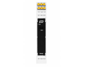 White DIN-rail I/O module with orange terminal blocks on top and a black central unit labeled 'Ch1'.
