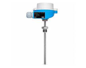 Endress+Hauser level transmitter with blue housing and long stainless-steel probe.
