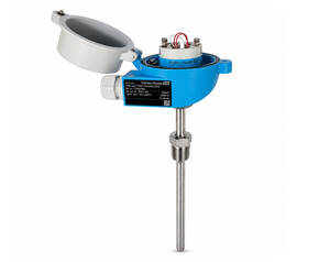Industrial temperature sensor with stainless steel immersion probe and blue transmitter housing for process measurement, viewed from the side.